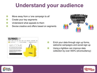 15
Understand your audience
 Move away from a ‘one campaign to all’
 Create your key segments
 Understand what appeals to them
 Devise creative and offers based on segments
 Erich your data through sign up forms,
welcome campaigns and social sign up
 Using a lightbox can improve data
collection by over 400% (eConsultancy)
 