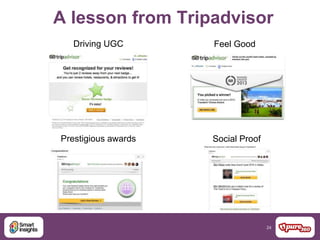 24
A lesson from Tripadvisor
Driving UGC Feel Good
Prestigious awards Social Proof
 