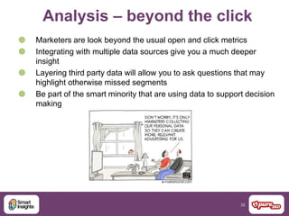 32
Analysis – beyond the click
 Marketers are look beyond the usual open and click metrics
 Integrating with multiple data sources give you a much deeper
insight
 Layering third party data will allow you to ask questions that may
highlight otherwise missed segments
 Be part of the smart minority that are using data to support decision
making
 