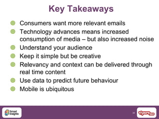 34
Key Takeaways
 Consumers want more relevant emails
 Technology advances means increased
consumption of media – but also increased noise
 Understand your audience
 Keep it simple but be creative
 Relevancy and context can be delivered through
real time content
 Use data to predict future behaviour
 Mobile is ubiquitous
 