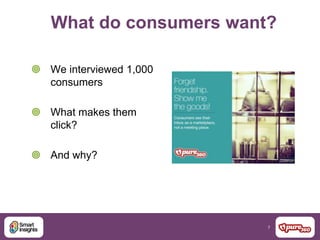 7
What do consumers want?
 We interviewed 1,000
consumers
 What makes them
click?
 And why?
 