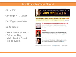 Implementation of a campaign1. Start – now, not tomorrow2. Adopt a Process - define the ‘who what where when and how’3. Build an OPT IN Database4. Piggy Back on other activities5. Execute Professional Email Delivery6. Grow your list 7. Test – Refine – Test - Refine