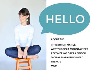 HELLO
ABOUT ME
PITTSBURGH NATIVE
WEST VIRGINIA MOUNTAINEER
RECOVERING OPERA SINGER
DIGITAL MARKETING NERD
TREKKIE
MOM
 