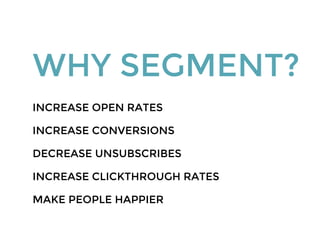 WHY SEGMENT?
INCREASE OPEN RATES
INCREASE CONVERSIONS
DECREASE UNSUBSCRIBES
INCREASE CLICKTHROUGH RATES
MAKE PEOPLE HAPPIER
 