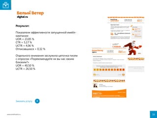 Результат:
Показатели эффективности запущенной емейлкампании:
UOR = 23,85 %
CTR = 5,17 %
UCTR = 4,06 %
Отписавшихся = 0,32 %
Отдельного внимания заслужила цепочка писем
с опросом «Порекомендуете ли вы нас своим
близким?»
UOR = 40,50 %
UCTR = 26,50 %

Заказать услугу

www.emailmatrix.ru

16

 