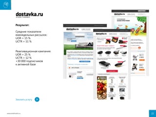 Результат:
Средние показатели
еженедельных рассылок:
UOR = 15 %
UCTR = 11 %
Реактивационная кампания:
UOR = 25 %
UCTR = 12 %
+30 000 подписчиков
к активной базе

Заказать услугу

www.emailmatrix.ru

22

 