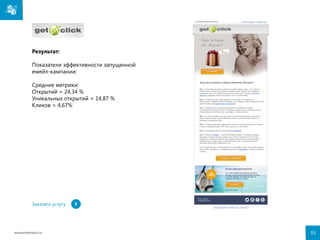 Результат:
Показатели эффективности запущенной
емейл-кампании:
Средние метрики:
Открытий = 24,34 %
Уникальных открытий = 14,87 %
Кликов = 4,67%

Заказать услугу

www.emailmatrix.ru

33

 
