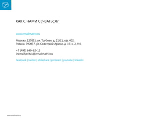 Как с нами связаться?
www.emailmatrix.ru
Москва: 127051, ул. Трубная, д. 21/11, оф. 402.
Рязань: 390037, ул. Советской Армии, д. 19, к. 2, Н4.
+7 (495) 649–62–19
inemailveritas@emailmatrix.ru
facebook | twitter | slideshare | pinterest | youtube | linkedin

www.emailmatrix.ru

37

 