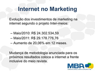 Internet no Marketing	Evolução dos investimentos de marketing na internet segundo o projeto Inter-meios:Maio/2010: R$ 24.302.534,59Maio/2011: R$ 29.178.776,76Aumento de 20,06% em 12 meses.	Mudança de metodologia anunciada para os próximos resultados coloca a internet a frente inclusive do meio revista.