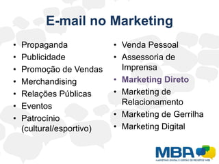 E-mail no MarketingPropagandaPublicidadePromoção de VendasMerchandisingRelações PúblicasEventosPatrocínio (cultural/esportivo)Venda PessoalAssessoria de ImprensaMarketing DiretoMarketing de RelacionamentoMarketing de GerrilhaMarketing Digital
