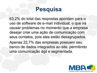 Pesquisa	63,2% do total das respostas apontam para o uso de software de e-mail individual, o que irá causar problemas no momento que a empresa desejar criar uma ação de comunicação com seus contatos, pois eles estão desagrupados.	Apenas 22,7% das empresas possuem seu banco de dados integrados ao site, permitindo uma comunicação ágil e segmentada.
