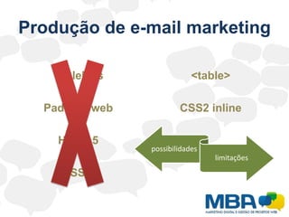 Produção de e-mail marketingTablelessPadrões webHTML 5CSS 3<table>CSS2 inline