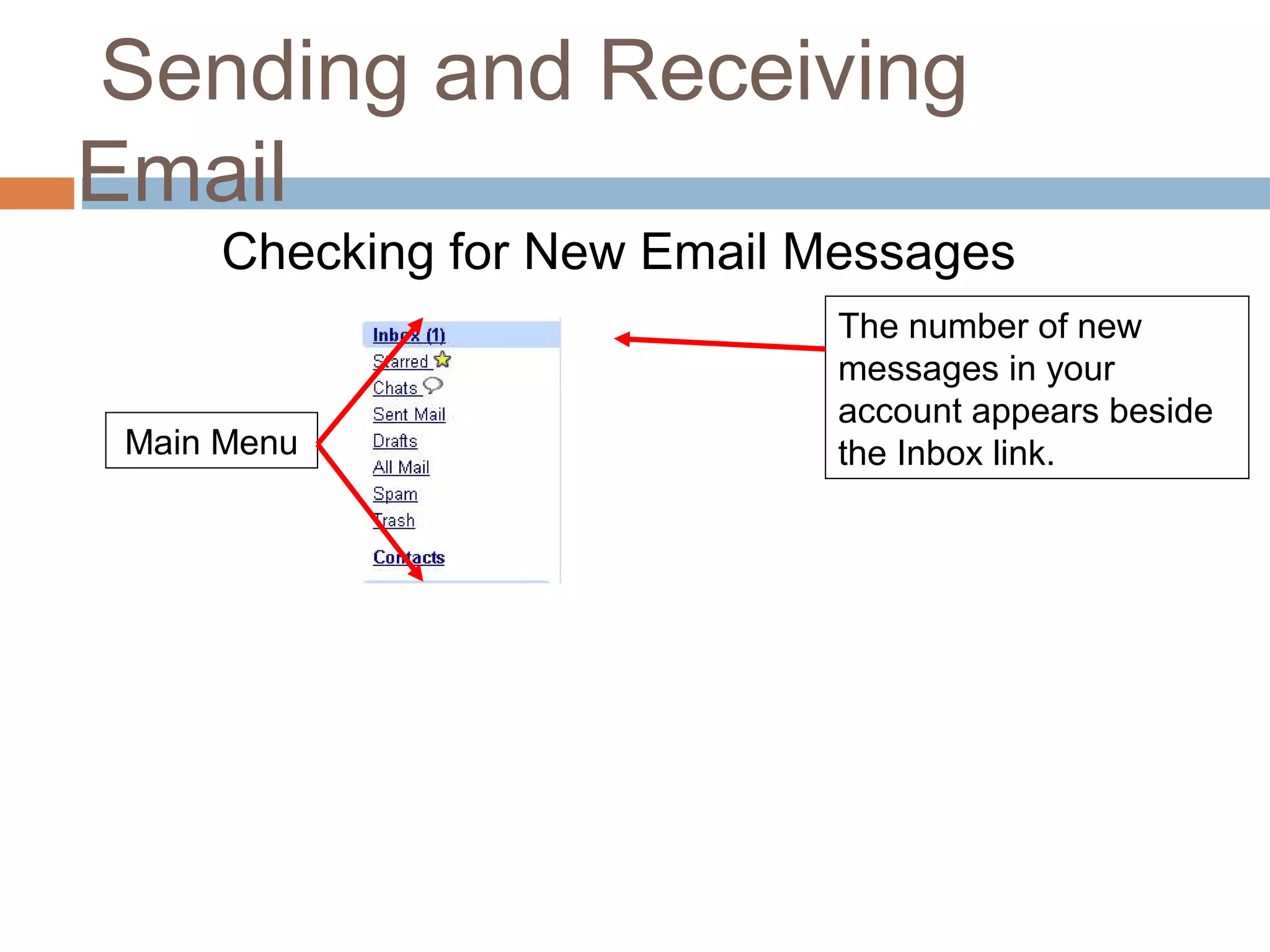 Sending and Receiving
Email
Checking for New Email Messages
The number of new
messages in your
account appears beside
the Inbox link.Main Menu
 