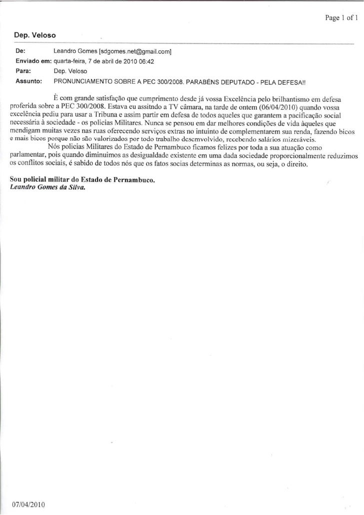 Email de agradecimento ao Deputado Veloso Email de agradecimento ao Deputado Veloso