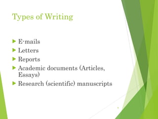 Types of Writing
 E-mails
 Letters
 Reports
 Academic documents (Articles,
Essays)
 Research (scientific) manuscripts
5
 