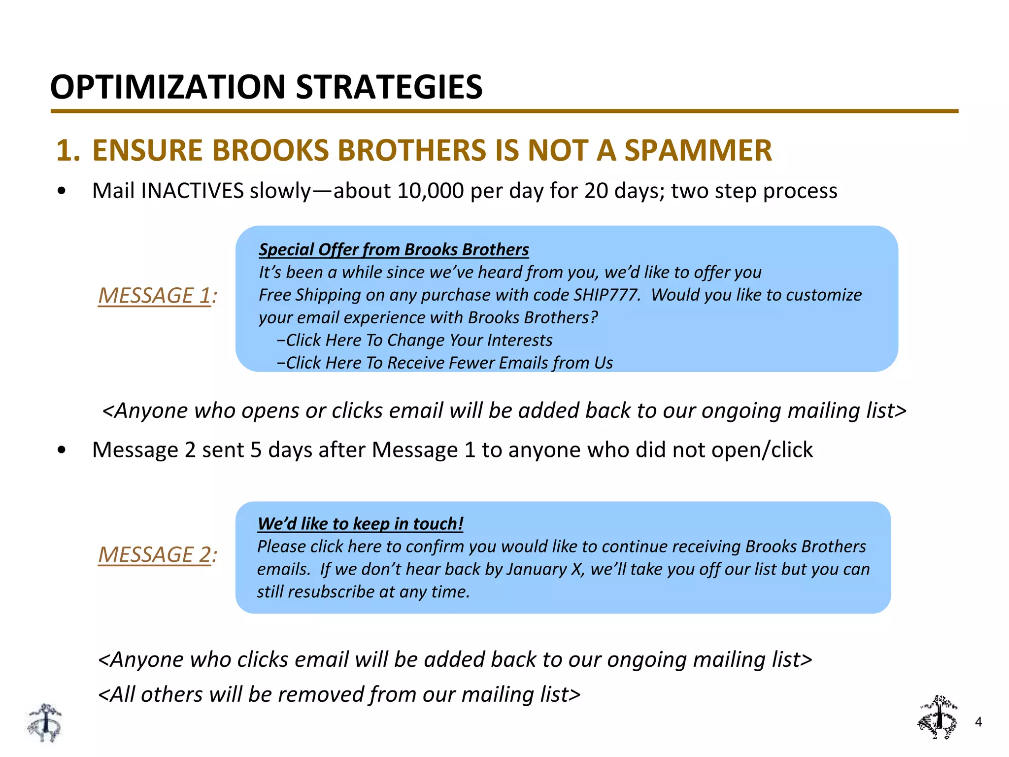 OPTIMIZATION STRATEGIES
1. ENSURE BROOKS BROTHERS IS NOT A SPAMMER
• Mail INACTIVES slowly—about 10,000 per day for 20 days; two step process
MESSAGE 1:
<Anyone who opens or clicks email will be added back to our ongoing mailing list>
• Message 2 sent 5 days after Message 1 to anyone who did not open/click
MESSAGE 2:
<Anyone who clicks email will be added back to our ongoing mailing list>
<All others will be removed from our mailing list>
4
Special Offer from Brooks Brothers
It’s been a while since we’ve heard from you, we’d like to offer you
Free Shipping on any purchase with code SHIP777. Would you like to customize
your email experience with Brooks Brothers?
−Click Here To Change Your Interests
−Click Here To Receive Fewer Emails from Us
We’d like to keep in touch!
Please click here to confirm you would like to continue receiving Brooks Brothers
emails. If we don’t hear back by January X, we’ll take you off our list but you can
still resubscribe at any time.
 