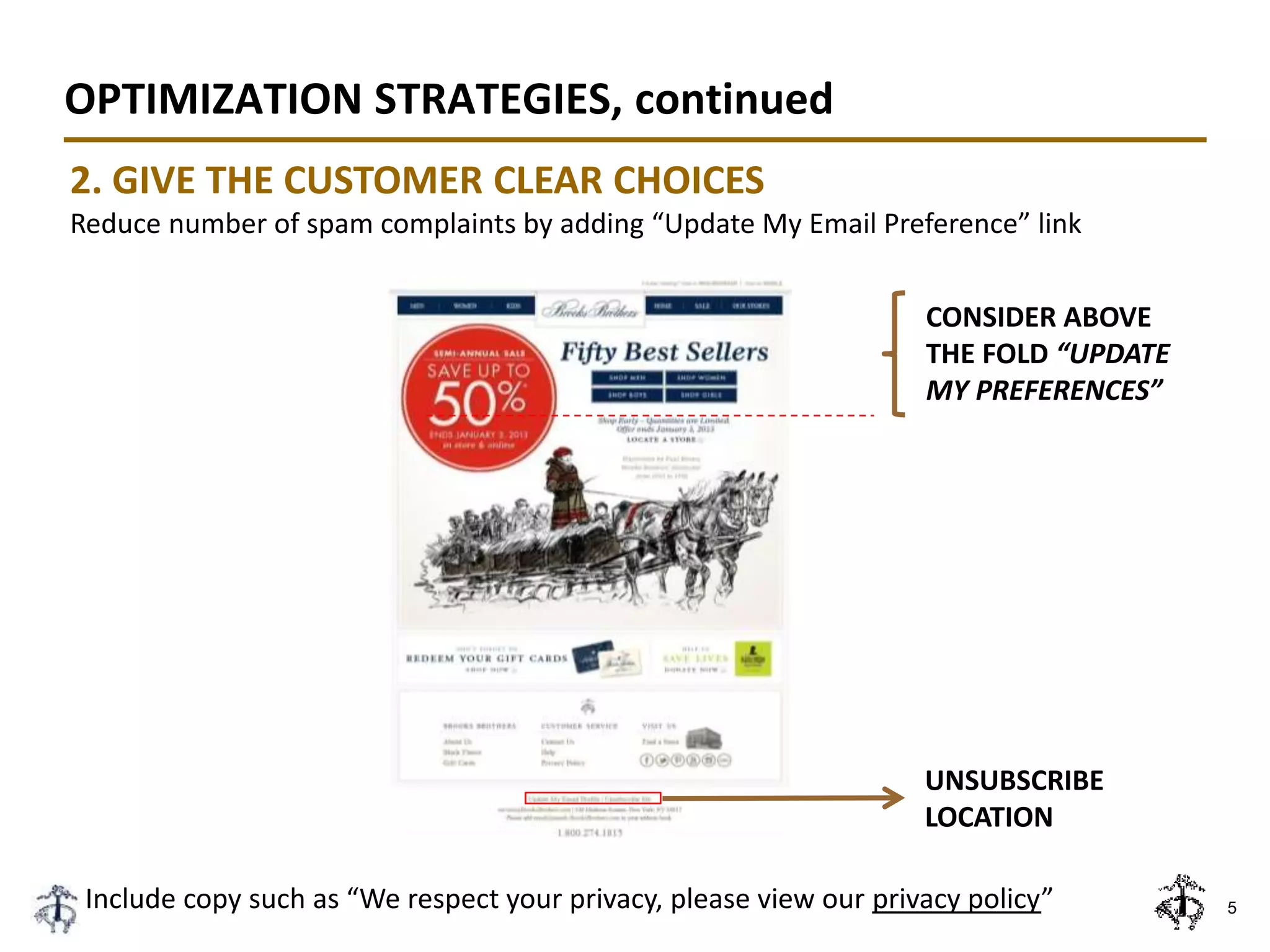 OPTIMIZATION STRATEGIES, continued
5
2. GIVE THE CUSTOMER CLEAR CHOICES
Reduce number of spam complaints by adding “Update My Email Preference” link
UNSUBSCRIBE
LOCATION
Include copy such as “We respect your privacy, please view our privacy policy”
CONSIDER ABOVE
THE FOLD “UPDATE
MY PREFERENCES”
 