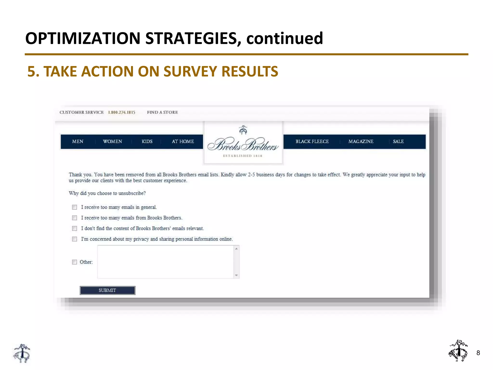 8
OPTIMIZATION STRATEGIES, continued
5. TAKE ACTION ON SURVEY RESULTS
 