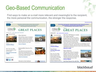 Geo-Based Communication
Find ways to make an e-mail more relevant and meaningful to the recipient;
the more personal the communication, the stronger the response.
 