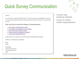Quick Survey Communication
•  A quick way
measure interest.
•  A way to create
further segmentation.
 