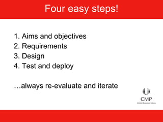 Four easy steps! 1. Aims and objectives 2. Requirements 3. Design 4. Test and deploy …always re-evaluate and iterate 