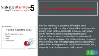 EMAIL MANAGEMENT SYSTEM
VisNetic MailFlow is powerful, affordable email
management and tracking software that automatically
assigns email to the appropriate groups or individuals,
allows for efficient email workload distribution,
and includes a shared contactdatabase with email
history. It gives employees the tools necessary to answer
emails quickly with knowledgeable, accurate responses,
and it allows management to monitor email distribution,
response times and employee performance
 