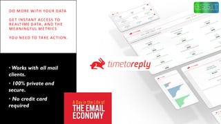 DO MORE WITH YOUR DATA
GET INSTANT ACCESS TO
REALTIME DATA, AND THE
MEANINGFUL METRICS
YOU NEED TO TAKE ACTION.
• Works with all mail
clients.
• 100% private and
secure.
• No credit card
required
 