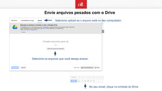 Envie arquivos pesados com o Drive
No seu email, clique no símbolo do Drive
Selecione os arquivos que você deseja anexar.
Selecione upload se o arquivo está no seu computador.
 