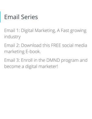 Email Series
Email 1: Digital Marketing, A Fast growing
industry
Email 2: Download this FREE social media
marketing E-book.
Email 3: Enroll in the DMND program and
become a digital marketer!
 