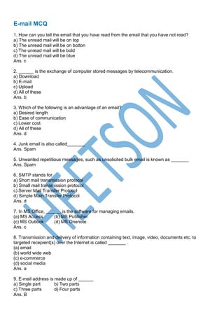 Email MCQ (Computer E-Mail Related Question) | PDF
