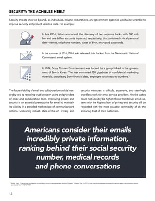 The future viability of email and collaboration tools is inex-
orably tied to restoring trust between users and providers
of email and collaboration tools. Improving privacy and
security is an essential prerequisite for email to maintain
its viability in a crowded marketplace of communications
options. Delivering robust, state-of-the-art privacy and
security measures is difficult, expensive, and seemingly
thankless work for email service providers. Yet the stakes
could not possibly be higher: those that deliver email sys-
tems with the highest level of privacy and security will be
rewarded with the most valuable commodity of all: the
enduring trust of their customers.
Security threats know no bounds, as individuals, private corporations, and government agencies worldwide scramble to
improve security and protect sensitive data. For example:
In late 2016, Yahoo announced the discovery of two separate hacks, with 500 mil-
lion and one billion accounts impacted, respectively, that contained critical personal
data—names, telephone numbers, dates of birth, encrypted passwords.
In the summer of 2016, WikiLeaks released data hacked from the Democratic National
Committee’s email system.
In 2014, Sony Pictures Entertainment was hacked by a group linked to the govern-
ment of North Korea. The leak contained 150 gigabytes of confidential marketing
materials, proprietary Sony financial data, employee social security numbers.13
SECURITY: THE ACHILLES HEEL?
13
Biddle, Sam. “Everything You Need to Know About Sony’s Unprecedented Hacking Disaster.” Gawker, Dec 14, 2014. http://sonyhack.gawker.com/everything-you-need-to-know-about-sonys-		
	unprecedented-h-1671217518.
Americans consider their emails
incredibly private information,
ranking behind their social security
number, medical records
and phone conversations
12
 
