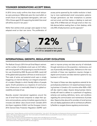 A 2016 Litmus study confirms that those email obituar-
ies were premature: Millennials were the most bullish on
email’s future of any age-based demographic, with over
72% of those aged 25-34 supporting the belief that email
will still be around in ten years.3
Rather than eschew email, younger users appear to have
adopted email on their own terms. The proliferation of
access points spawned by the mobile revolution is lead-
ing to more sophisticated email consumption patterns:
Younger generations use their smartphone to preview
and sort email, and their laptop or desktop to read and
reply. 81% of Millennials sort through email on their mo-
bile devices before reading them on their desktop, while
only 44% of baby boomers use this approach.4
The Radicati Group’s 2016 Annual Email Report estimat-
ed the number of worldwide email users at 2.67 billion,
with annual growth of 3% projecting to cross the three bil-
lion user threshold by 2020. By year-end 2020, nearly half
of the global adult population will have an email account.5
That scale of active and potential email users is simply
staggering: an internet identity is an integral component
of a modern lifestyle to which literally billions of people
aspire. Email’s persistence as a keystone of communica-
tions infrastructure is inextricably linked to its global ac-
cessibility and ease-of-use.
Recently enacted international regulations around the
use of email have forced companies to adapt their sys-
tems and procedures, posing immediate opportunities to
innovate and deliver value around email. Canada’s 2014
Anti-Spam Legislation (CASL)6
and the European Union’s
2016 General Data Protection Regulation (GDPR)7
each
seek to improve privacy and data security of individuals
through restrictions on the acquisition, maintenance, and
use of personally identifying data. Adherence to the nuts-
and-bolts of these new regulations requires changes in
digital communication and data retention systems for any
business in a EU country.
The impact of these new data regulations extends far be-
yond physical jurisdictions: U.S.-based businesses transact-
ing business in Canada or EU countries either B2B or B2C
will also need to adapt. Anyone doing business interna-
tionally will need to adhere to a patchwork of regulatory
schemes and evolving definitions, terms, and conditions
regarding the communication and maintenance of private
data. Opportunities abound for providers of email services
who can deploy applications with an architecture sufficient-
ly flexible to navigate diverse regulatory environments.
YOUNGER GENERATIONS ACCEPT EMAIL
INTERNATIONAL GROWTH, REGULATORY EVOLUTION
3
Lewkowicz, Kayla. “Surprise! Millennials Love Email Just As Much As Everybody Else.” Litmus. April 27, 2016. https://litmus.com/blog/surprise-millennials-love-email-just-as-much-as-everybody-else.
4
Adestra. “2016 Consumer Adoption & Usage Study.” http://content.adestra.com/hubfs/2016_Reports_and_eGuides/2016_Consumer_Adoption_and_Usage_Study.pdf.
5
Radicati Group. “2016 Annual Email Report.”
	http://www.radicati.com/wp/wp-content/uploads/2016/01/Email_Statistics_Report_2016-2020_Executive_Summary.pdf.
6
Government of Canada, “Canada’s Anti-Spam Legislation.” http://fightspam.gc.ca/eic/site/030.nsf/eng/home, last modified Aug 4, 2016.
7
The EU General Data Protection Regulation (GDPR). http://www.eugdpr.org/.
of millennials believe that email
will still be around in ten years
72%
7
 