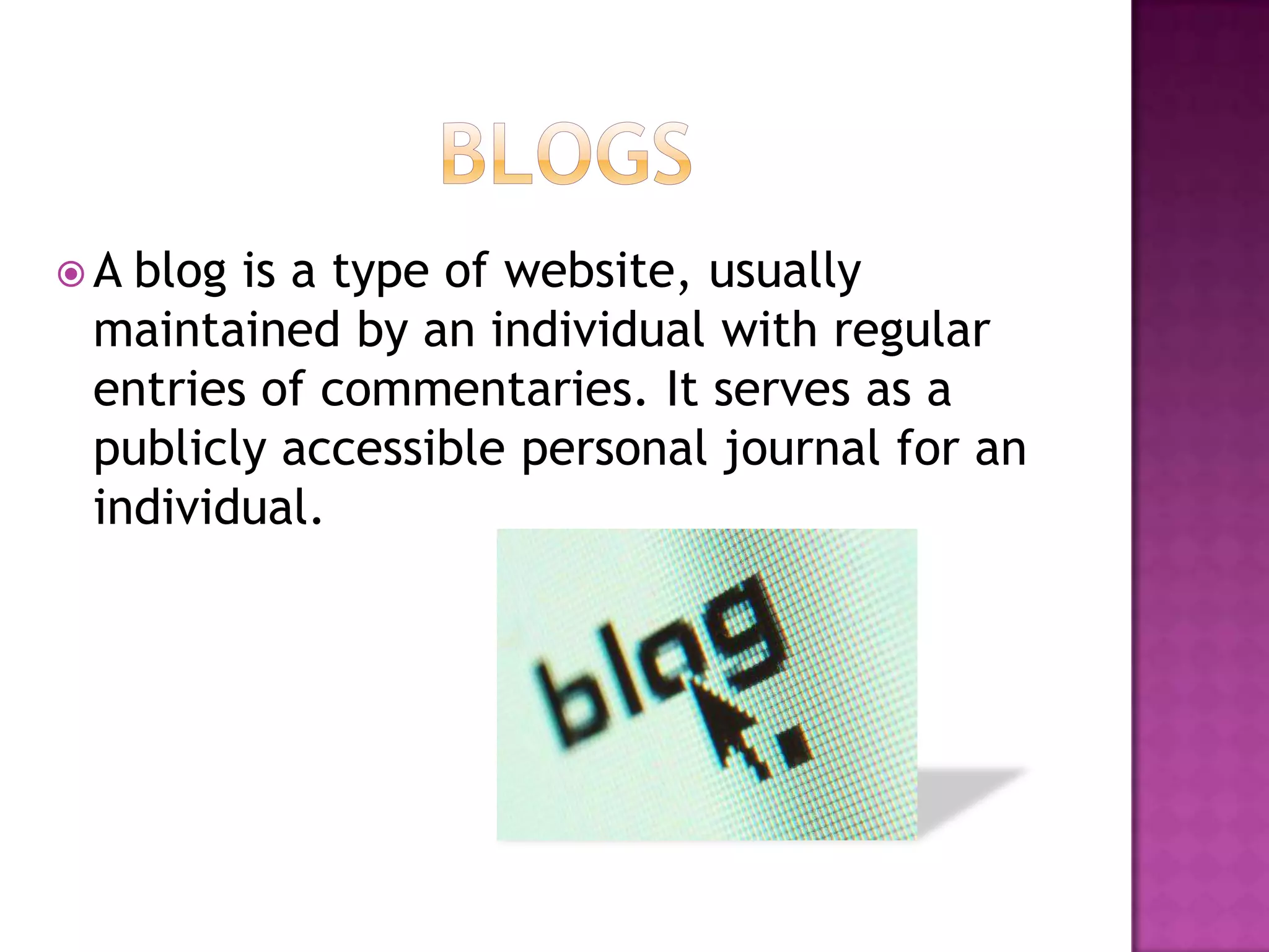 Disadvantages of blogsThere is no confidentiality as it is a public forum.Since students have all the freedom to express themselves, some commentaries might be misconstrued and that could be a problem.Since the student is responsible for his/her words, they must express themselves smartlyTo use blogs, students need internet and laptops or computers to have complete access to it.Cost and access to technology may also be troubling.