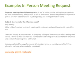 Example: In Person Meeting Request
In person meetings have higher reply rates. If you're having trouble getting to a prosp...