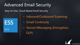 Advanced Email Security
• Inbound/Outbound Scanning
• Email Continuity
• Secure Messaging (Encryption,
DLP)
Easy-to-Use, Cloud-Based Email Security
Confidentia
 