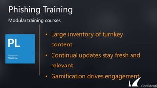 Phishing Training
Modular training courses
Confidentia
• Large inventory of turnkey
content
• Continual updates stay fresh and
relevant
• Gamification drives engagement
 