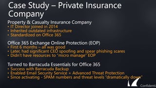 Case Study – Private Insurance
Company
Property & Casualty Insurance Company
• IT Director joined in 2014
• Inherited outdated infrastructure
• Standardized on Office 365
Office 365 Exchange Online Protection (EOP)
• First 6 months – all was good
• Later, had significant CEO spoofing and spear phishing scares
• Didn’t have resources to “micro manage” EOP
Turned to Barracuda Essentials for Office 365
• Success with Barracuda Backup
• Enabled Email Security Service + Advanced Threat Protection
• Since activating - SPAM numbers and threat levels “dramatically down”
Confidentia
 