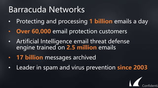 Barracuda Networks
• Protecting and processing 1 billion emails a day
• Over 60,000 email protection customers
• Artificial Intelligence email threat defense
engine trained on 2.5 million emails
• 17 billion messages archived
• Leader in spam and virus prevention since 2003
Confidentia
 