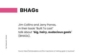 Set
Relevant
Goals
BHAGs
Jim Collins and Jerry Porras,
in their book “Built To Last”
talk about “big, hairy, audacious goals"
(BHAGs).
Source: https://articles.bplans.com/the-importance-of-setting-goals-in-business/
 