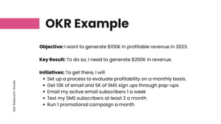 Set
Relevant
Goals
OKR Example
Email
SMS
Set up a process to evaluate profitability on a monthly basis.
Get 10K of email and 5K of SMS sign ups through pop-ups
Email my active email subscribers 1 a week
Text my SMS subscribers at least 2 a month
Run 1 promotional campaign a month
Objective: I want to generate $100K in profitable revenue in 2023.
Key Result: To do so, I need to generate $200K in revenue.
Initiatives: To get there, I will
 