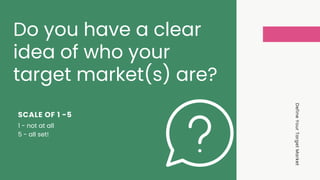 Define
Your
Target
Market
Do you have a clear
idea of who your
target market(s) are?
1 - not at all
5 - all set!
SCALE OF 1 -5
 