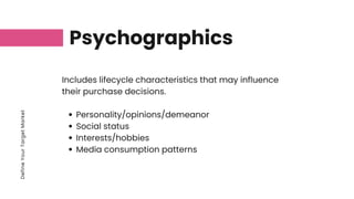 Define
Your
Target
Market
Psychographics
Personality/opinions/demeanor
Social status
Interests/hobbies
Media consumption patterns
Includes lifecycle characteristics that may influence
their purchase decisions.
 