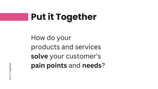Put
it
Together
Put it Together
How do your
products and services
solve your customer's
pain points and needs?
 