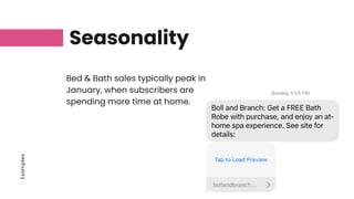 Examples
Seasonality
Bed & Bath sales typically peak in
January, when subscribers are
spending more time at home.
 
