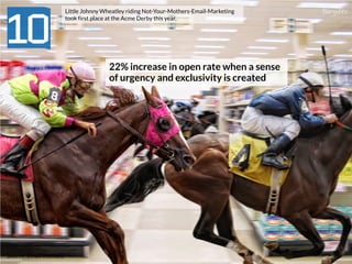 22% increase in open rate when a sense
of urgency and exclusivity is created
Source: Email Institute
Little Johnny Wheatley riding Not-Your-Mothers-Email-Marketing
took first place at the Acme Derby this year.
 