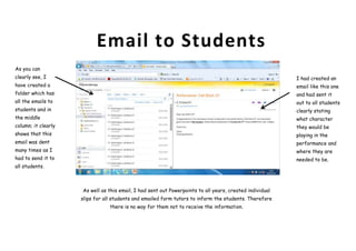 Email to Students
As you can
clearly see, I                                                                                            I had created an
have created a                                                                                            email like this one
folder which has                                                                                          and had sent it
all the emails to                                                                                         out to all students
students and in                                                                                           clearly stating
the middle                                                                                                what character
column; it clearly                                                                                        they would be
shows that this                                                                                           playing in the
email was dent                                                                                            performance and
many times as I                                                                                           where they are
had to send it to                                                                                         needed to be.
all students.



                     As well as this email, I had sent out Powerpoints to all years, created individual
                     slips for all students and emailed form tutors to inform the students. Therefore
                                 there is no way for them not to receive the information.
 