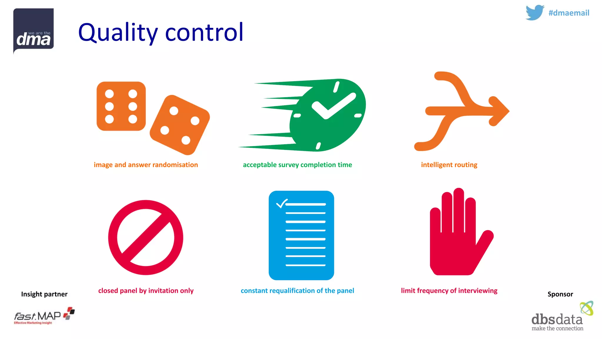 Insight partner 
Sponsor 
Quality control 
#dmaemail 
image and answer randomisation 
acceptable survey completion time 
intelligent routing 
closed panel by invitation only 
constant requalification of the panel 
limit frequency of interviewing  
