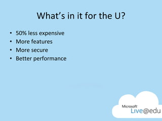 What’s in it for the U? 50% less expensive More features More secure Better performance 