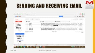 SENDING AND RECEIVING EMAIL
Email Tutorial By Keertika Gangwar
inboxMAIN
MENU
CON
TACT
LIST
11-01-2016
 