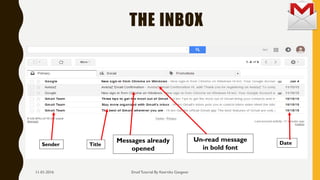 THE INBOX
Email Tutorial By Keertika Gangwar
Messages already
opened
Un-read message
in bold font
Sender DateTitle
11-01-2016
 